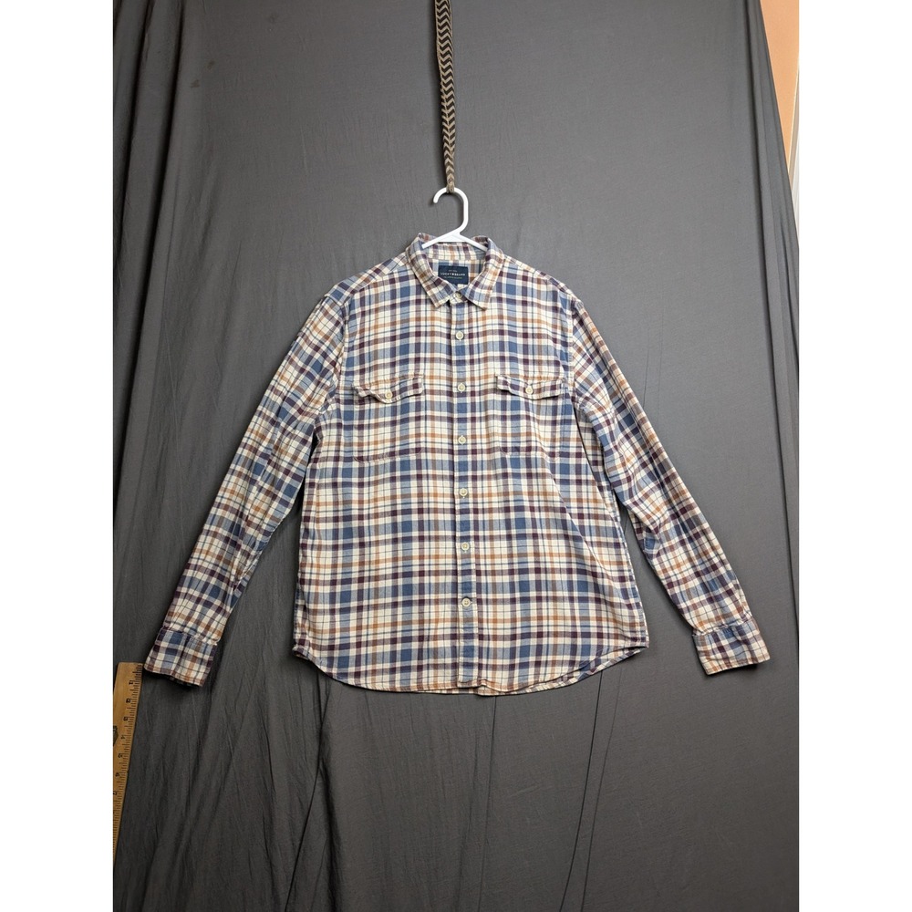 Lucky Brand Mens Blue Tan Plaid Stretch Long Sleeve Button Up Shirt 7MP4842 L‎